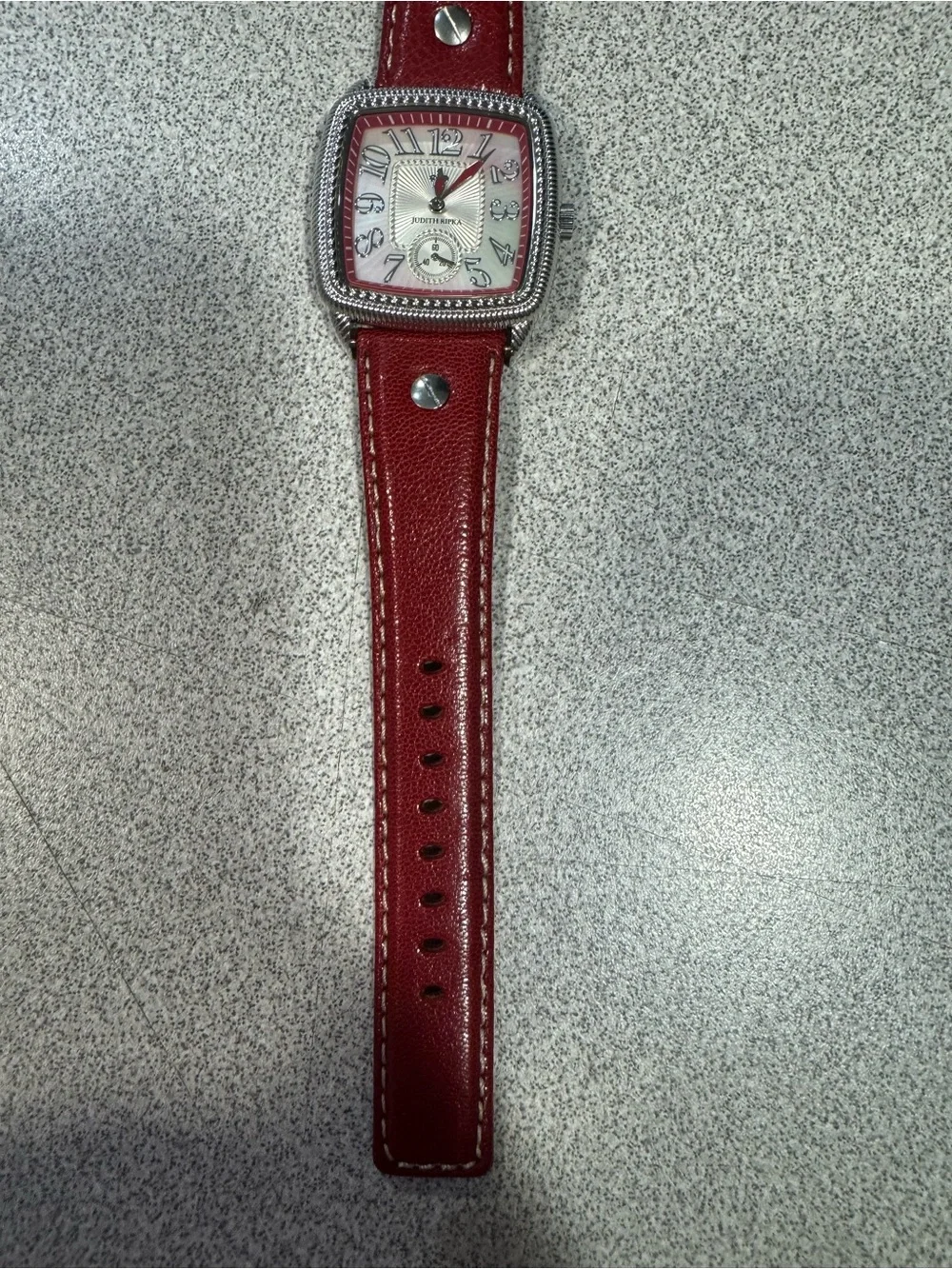 New Judith Ripka Stainless Steel Square Dial Watch with Red Leather Band
